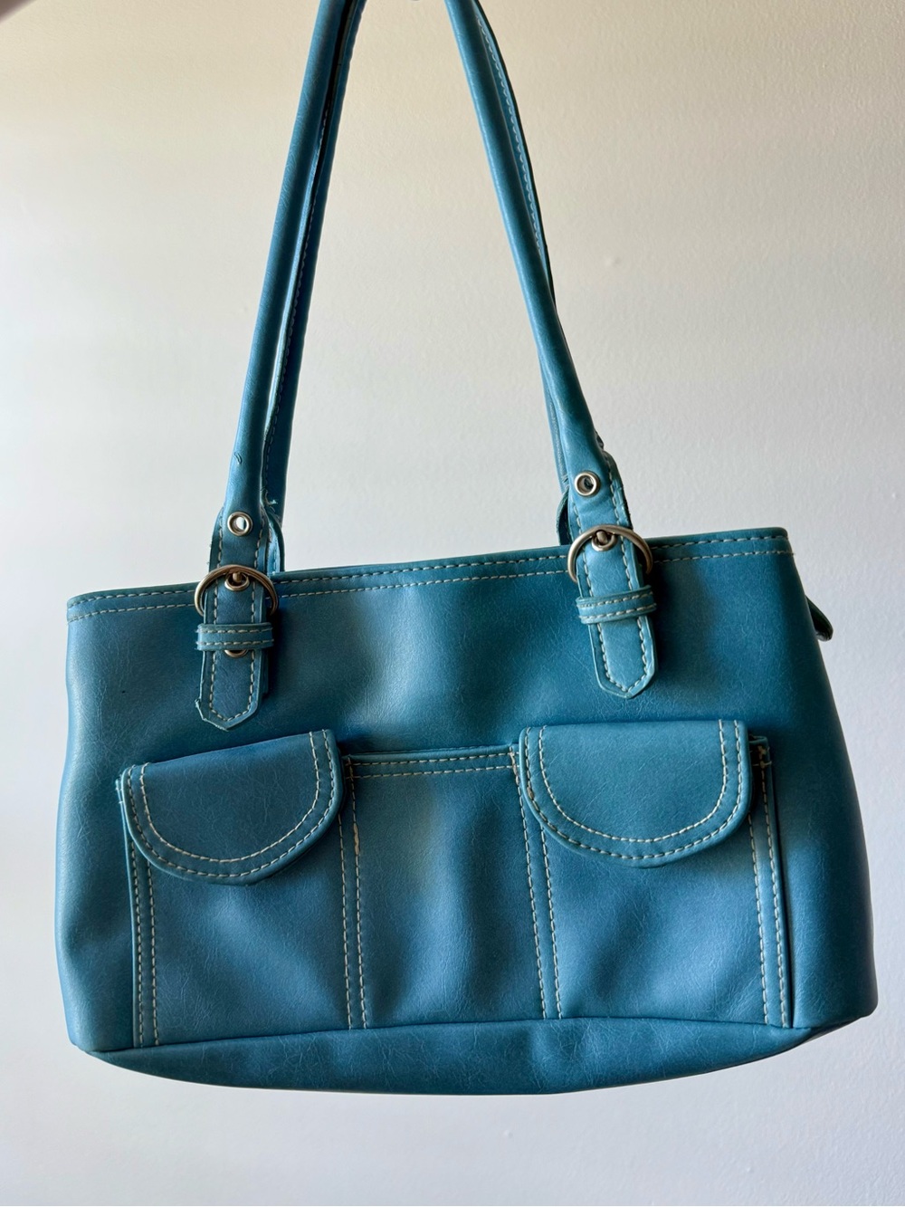 Classic Teal Shoulder Bag with Front Pockets - Picture 2 of 6